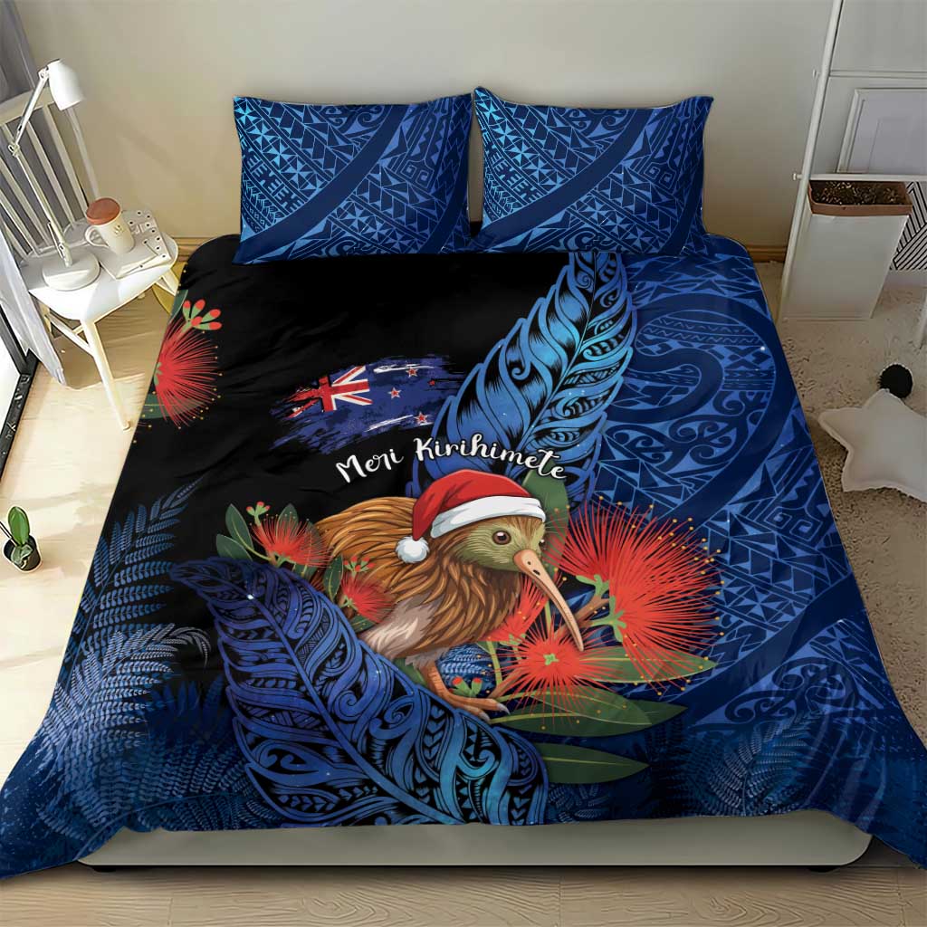 New Zealand Christmas Bedding Set Santa Kiwi Bird With Pohutukawa Flowers - Polynesian Pride