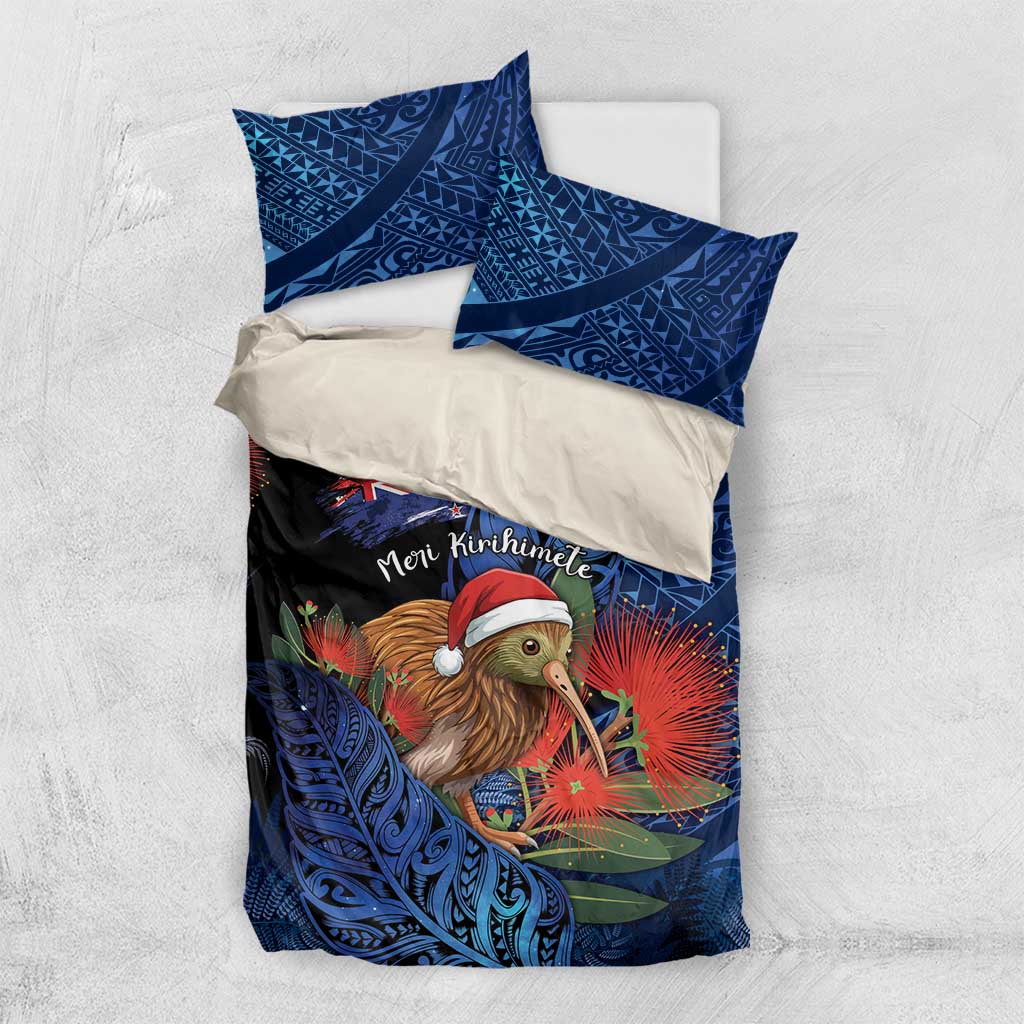 New Zealand Christmas Bedding Set Santa Kiwi Bird With Pohutukawa Flowers - Polynesian Pride