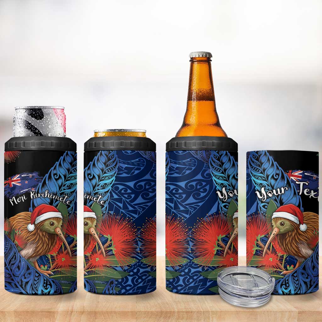 Personalised New Zealand Christmas 4 in 1 Can Cooler Tumbler Santa Kiwi Bird With Pohutukawa Flowers - Polynesian Pride