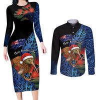 Personalised New Zealand Christmas Couples Matching Long Sleeve Bodycon Dress and Long Sleeve Button Shirt Santa Kiwi Bird With Pohutukawa Flowers - Polynesian Pride