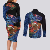 Personalised New Zealand Christmas Couples Matching Long Sleeve Bodycon Dress and Long Sleeve Button Shirt Santa Kiwi Bird With Pohutukawa Flowers - Polynesian Pride
