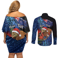 Personalised New Zealand Christmas Couples Matching Off Shoulder Short Dress and Long Sleeve Button Shirt Santa Kiwi Bird With Pohutukawa Flowers - Polynesian Pride