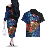 Personalised New Zealand Christmas Couples Matching Off The Shoulder Long Sleeve Dress and Hawaiian Shirt Santa Kiwi Bird With Pohutukawa Flowers - Polynesian Pride