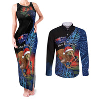 Personalised New Zealand Christmas Couples Matching Tank Maxi Dress and Long Sleeve Button Shirt Santa Kiwi Bird With Pohutukawa Flowers - Polynesian Pride