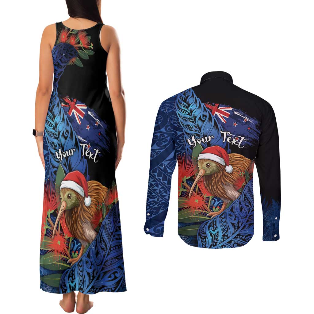 Personalised New Zealand Christmas Couples Matching Tank Maxi Dress and Long Sleeve Button Shirt Santa Kiwi Bird With Pohutukawa Flowers - Polynesian Pride