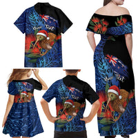 Personalised New Zealand Christmas Family Matching Off Shoulder Maxi Dress and Hawaiian Shirt Santa Kiwi Bird With Pohutukawa Flowers - Polynesian Pride