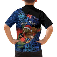 Personalised New Zealand Christmas Family Matching Off Shoulder Short Dress and Hawaiian Shirt Santa Kiwi Bird With Pohutukawa Flowers - Polynesian Pride