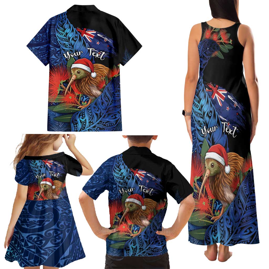 Personalised New Zealand Christmas Family Matching Tank Maxi Dress and Hawaiian Shirt Santa Kiwi Bird With Pohutukawa Flowers - Polynesian Pride