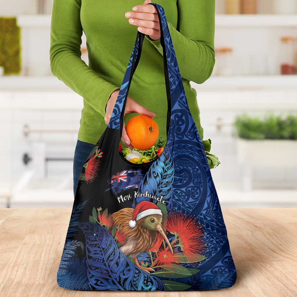 New Zealand Christmas Grocery Bag Santa Kiwi Bird With Pohutukawa Flowers - Polynesian Pride
