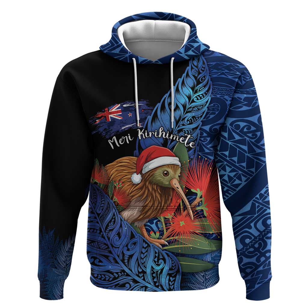 Personalised New Zealand Christmas Hoodie Santa Kiwi Bird With Pohutukawa Flowers - Polynesian Pride