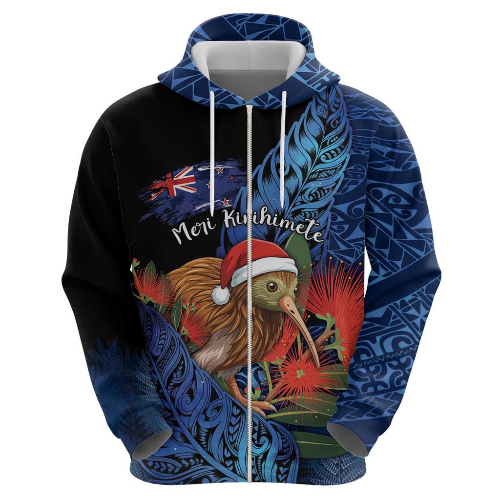 Personalised New Zealand Christmas Hoodie Santa Kiwi Bird With Pohutukawa Flowers - Polynesian Pride