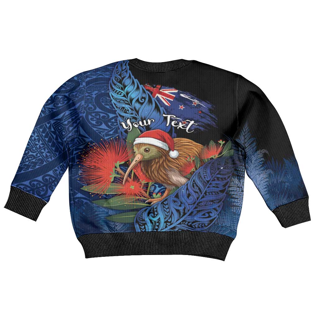 Personalised New Zealand Christmas Kid Ugly Christmas Sweater Santa Kiwi Bird With Pohutukawa Flowers - Polynesian Pride