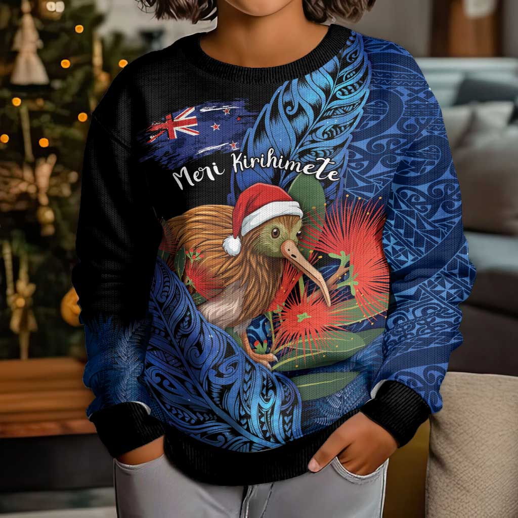 Personalised New Zealand Christmas Kid Ugly Christmas Sweater Santa Kiwi Bird With Pohutukawa Flowers - Polynesian Pride
