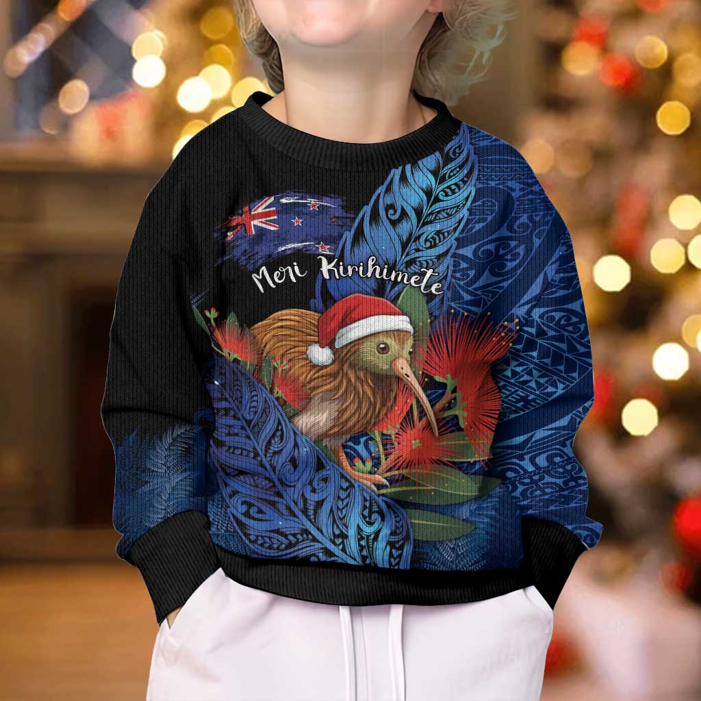 Personalised New Zealand Christmas Kid Ugly Christmas Sweater Santa Kiwi Bird With Pohutukawa Flowers - Polynesian Pride