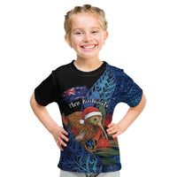 Personalised New Zealand Christmas Kid T Shirt Santa Kiwi Bird With Pohutukawa Flowers - Polynesian Pride