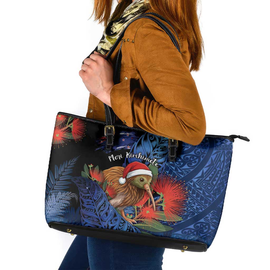 New Zealand Christmas Leather Tote Bag Santa Kiwi Bird With Pohutukawa Flowers - Polynesian Pride