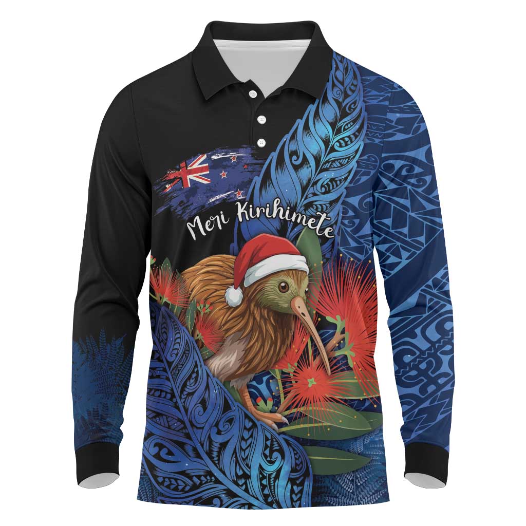 Personalised New Zealand Christmas Long Sleeve Polo Shirt Santa Kiwi Bird With Pohutukawa Flowers - Polynesian Pride