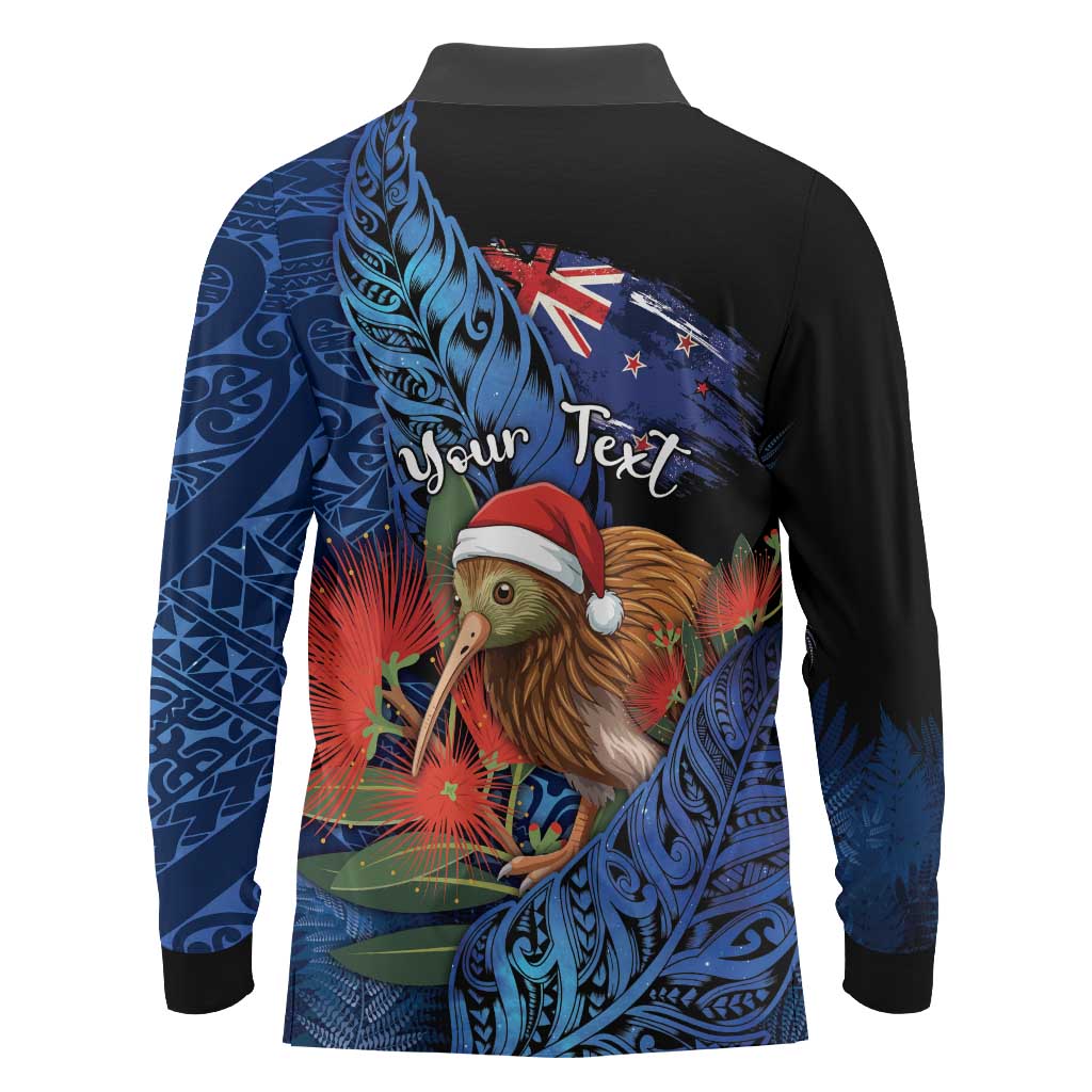 Personalised New Zealand Christmas Long Sleeve Polo Shirt Santa Kiwi Bird With Pohutukawa Flowers - Polynesian Pride