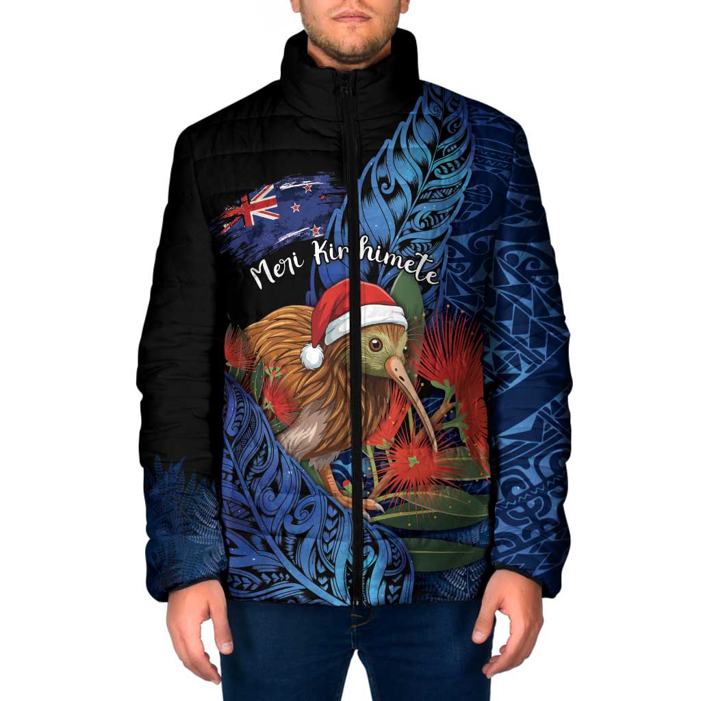 Personalised New Zealand Christmas Padded Jacket Santa Kiwi Bird With Pohutukawa Flowers - Polynesian Pride