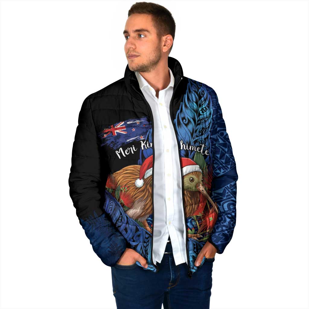 Personalised New Zealand Christmas Padded Jacket Santa Kiwi Bird With Pohutukawa Flowers - Polynesian Pride