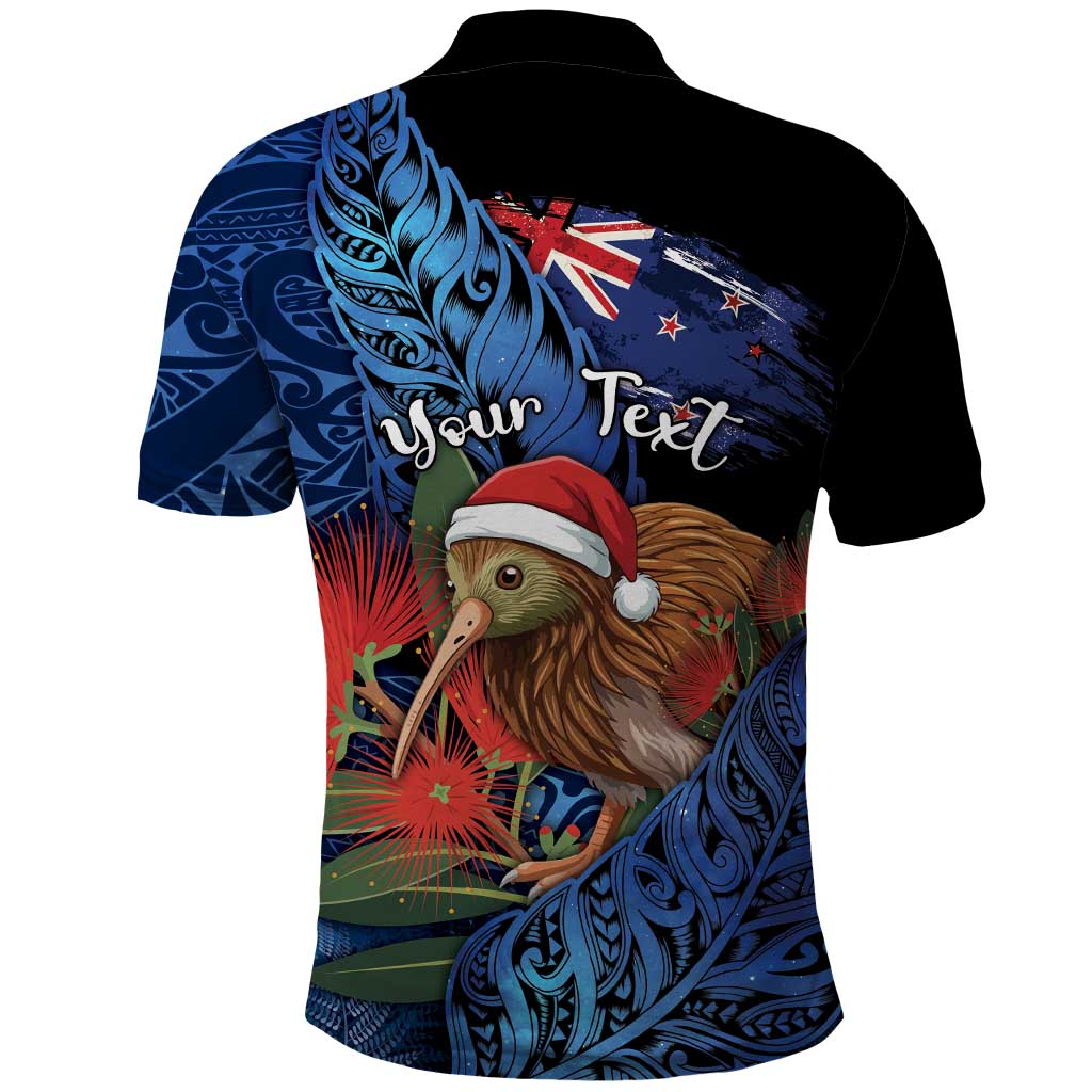 Personalised New Zealand Christmas Polo Shirt Santa Kiwi Bird With Pohutukawa Flowers - Polynesian Pride