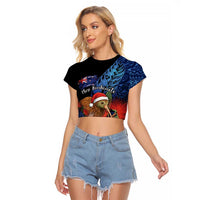 Personalised New Zealand Christmas Raglan Cropped T Shirt Santa Kiwi Bird With Pohutukawa Flowers - Polynesian Pride