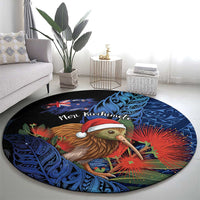 New Zealand Christmas Round Carpet Santa Kiwi Bird With Pohutukawa Flowers - Polynesian Pride