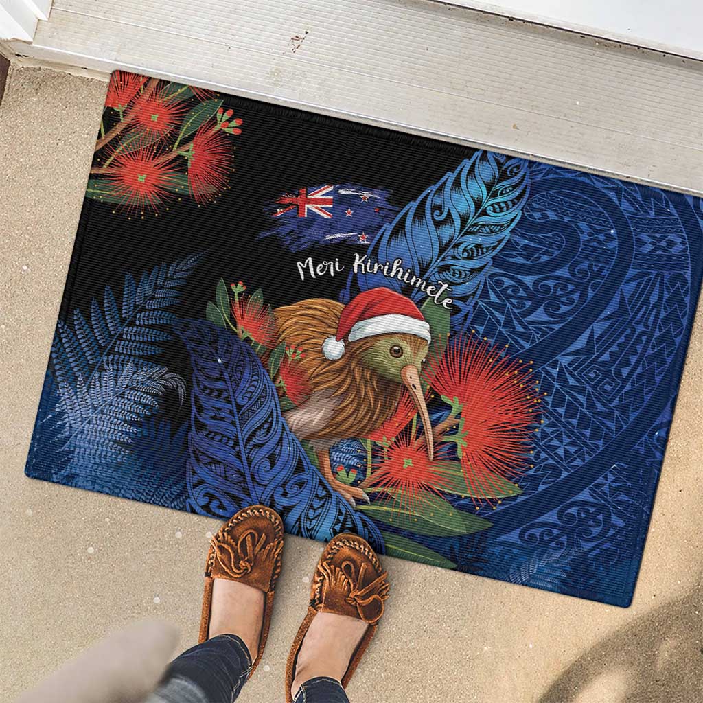 New Zealand Christmas Rubber Doormat Santa Kiwi Bird With Pohutukawa Flowers - Polynesian Pride