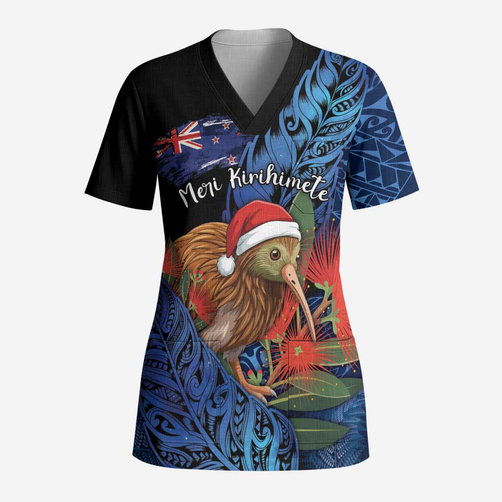 Personalised New Zealand Christmas Scrub Top Santa Kiwi Bird With Pohutukawa Flowers - Polynesian Pride