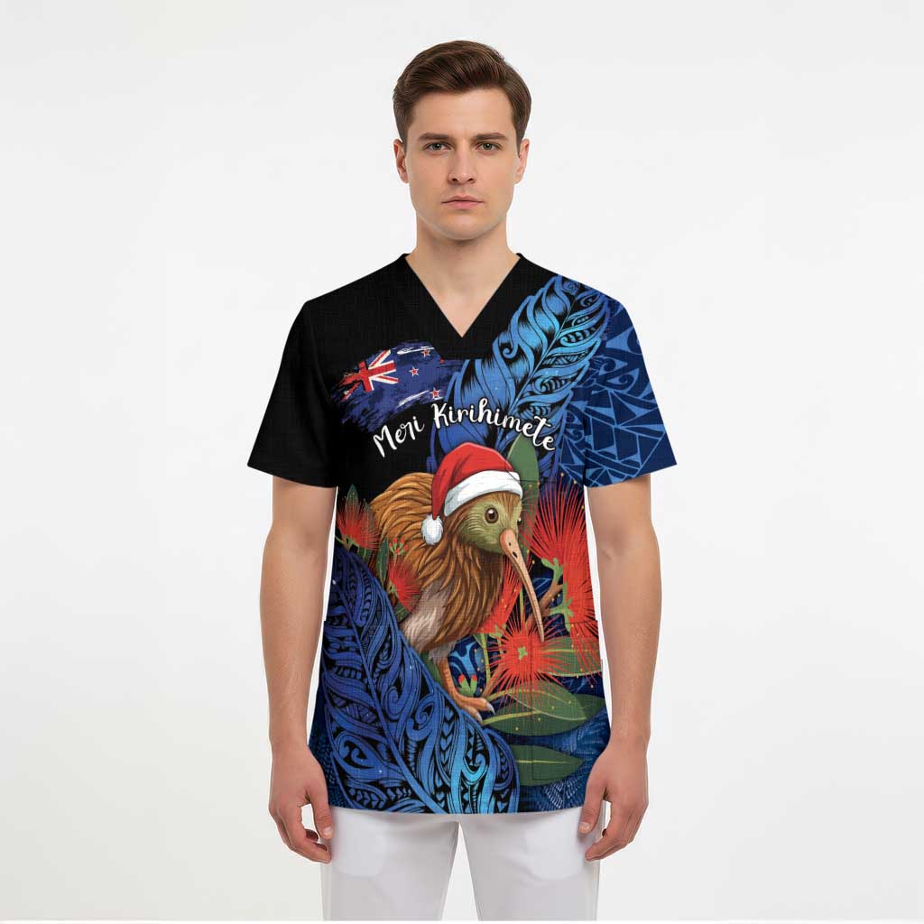 Personalised New Zealand Christmas Scrub Top Santa Kiwi Bird With Pohutukawa Flowers - Polynesian Pride