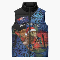 Personalised New Zealand Christmas Sleeveless Puffer Jacket Santa Kiwi Bird With Pohutukawa Flowers - Polynesian Pride