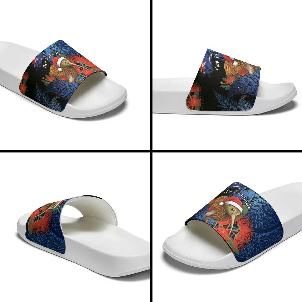 New Zealand Christmas Slide Sandals Santa Kiwi Bird With Pohutukawa Flowers - Polynesian Pride