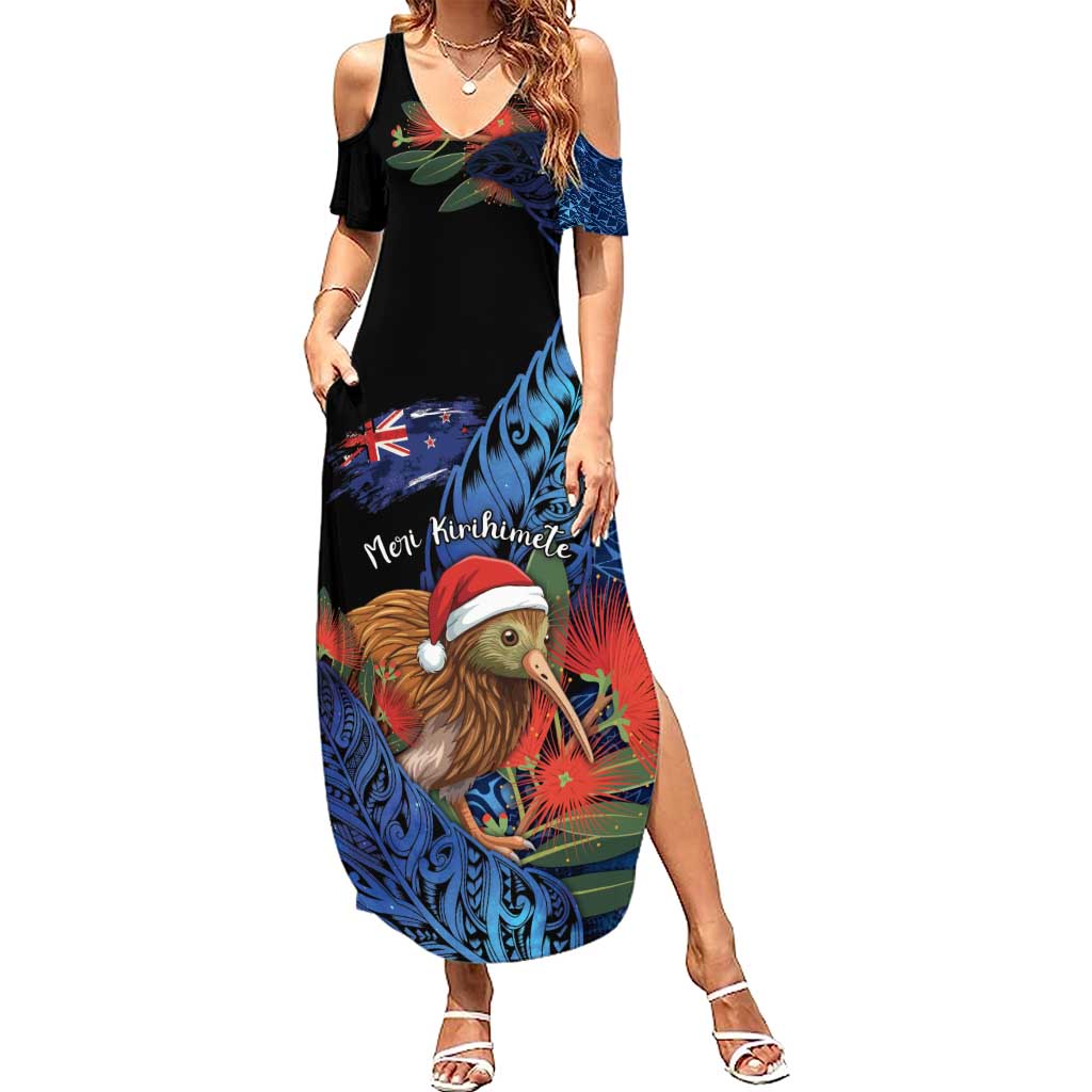 Personalised New Zealand Christmas Summer Maxi Dress Santa Kiwi Bird With Pohutukawa Flowers - Polynesian Pride