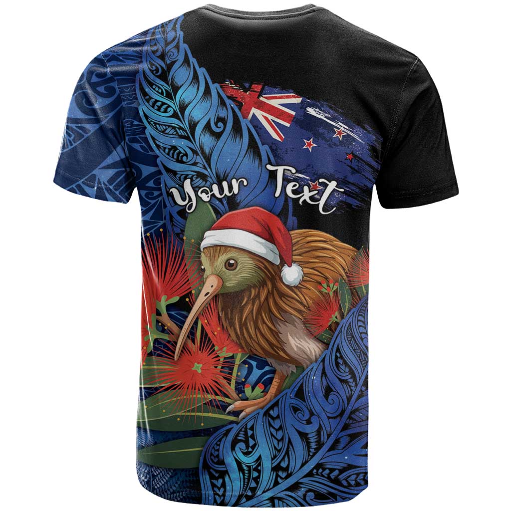 Personalised New Zealand Christmas T Shirt Santa Kiwi Bird With Pohutukawa Flowers - Polynesian Pride