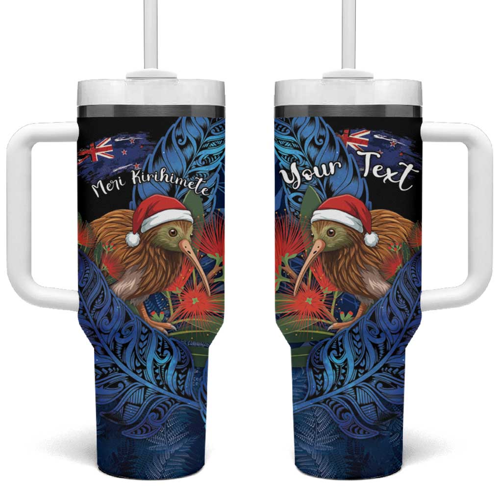 Personalised New Zealand Christmas Tumbler With Handle Santa Kiwi Bird With Pohutukawa Flowers - Polynesian Pride