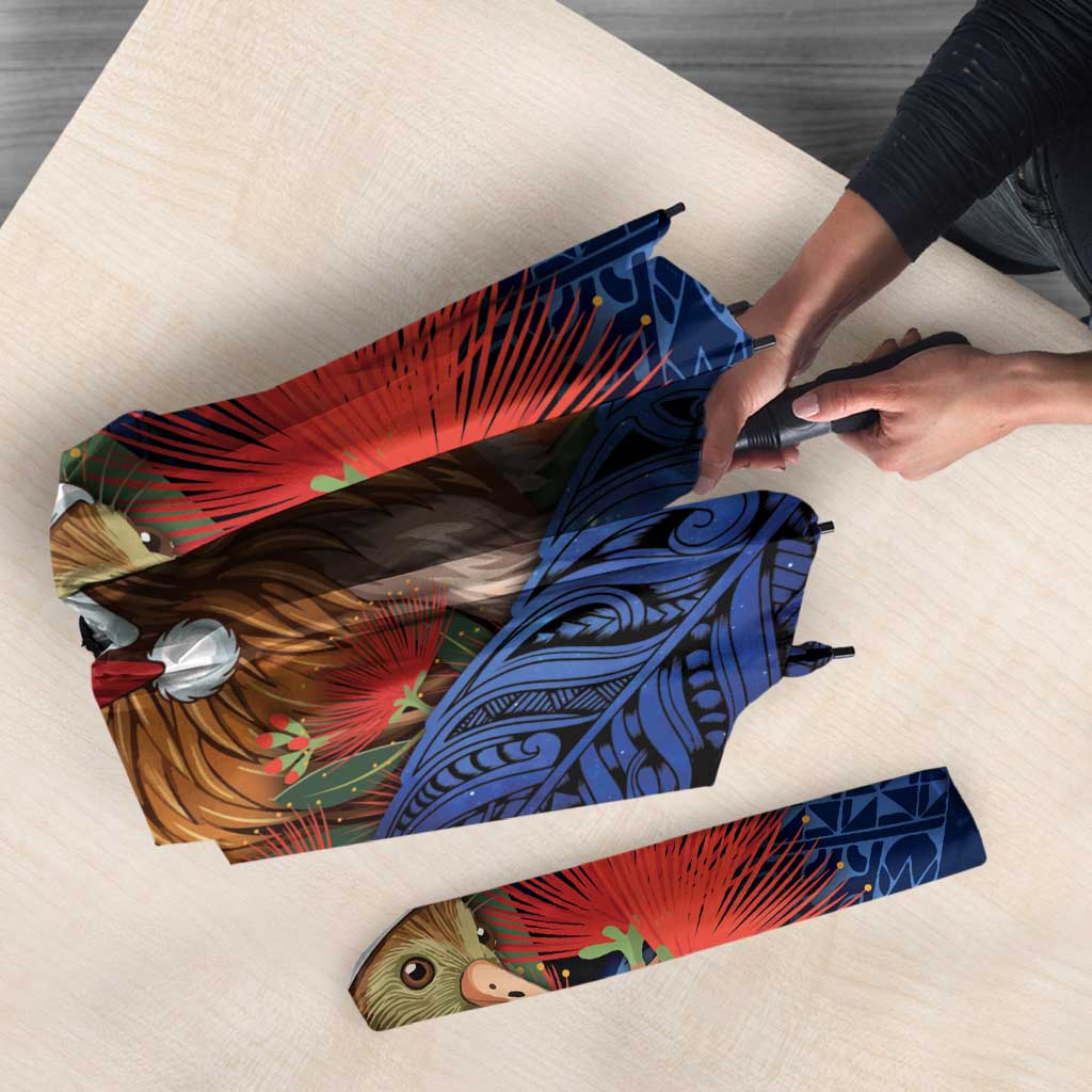 New Zealand Christmas Umbrella Santa Kiwi Bird With Pohutukawa Flowers - Polynesian Pride