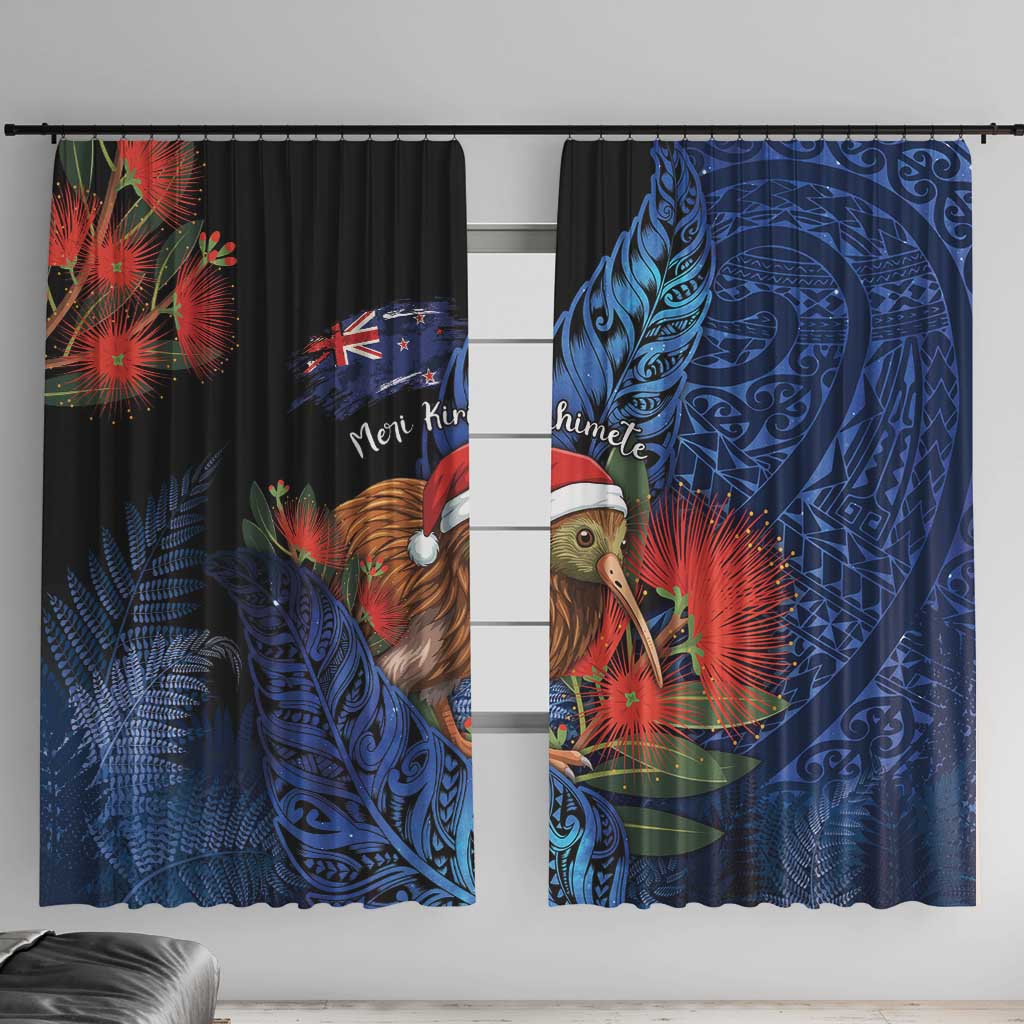 New Zealand Christmas Window Curtain Santa Kiwi Bird With Pohutukawa Flowers - Polynesian Pride
