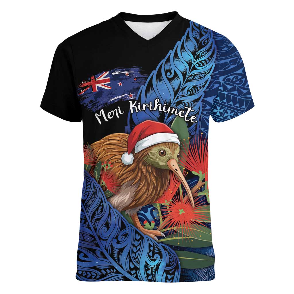 Personalised New Zealand Christmas Women V-Neck T-Shirt Santa Kiwi Bird With Pohutukawa Flowers - Polynesian Pride