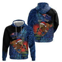 Personalised New Zealand Christmas Zip Hoodie Santa Kiwi Bird With Pohutukawa Flowers - Polynesian Pride