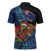 Personalised New Zealand Christmas Zipper Polo Shirt Santa Kiwi Bird With Pohutukawa Flowers - Polynesian Pride
