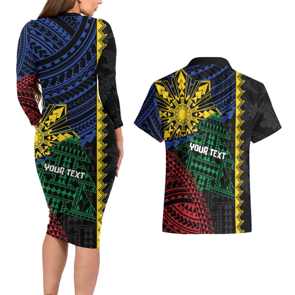 Personalised Philippines Christmas Couples Matching Long Sleeve Bodycon Dress and Hawaiian Shirt Xmas Tree Filipino Tribal Patterns - Polynesian Pride