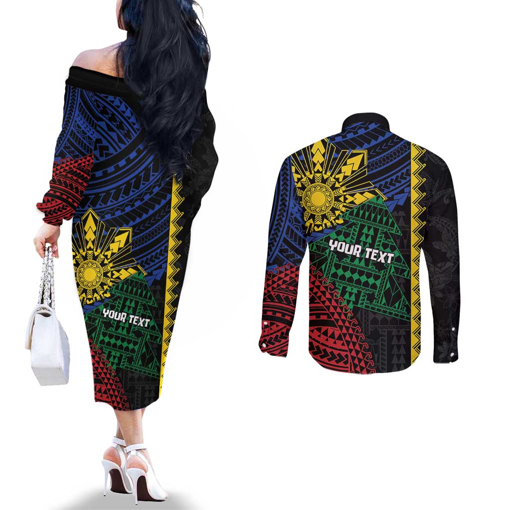 Personalised Philippines Christmas Couples Matching Off The Shoulder Long Sleeve Dress and Long Sleeve Button Shirt Xmas Tree Filipino Tribal Patterns - Polynesian Pride