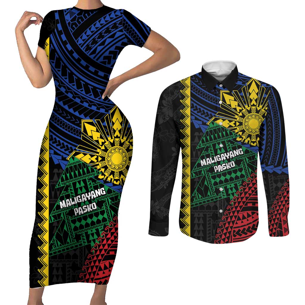 Personalised Philippines Christmas Couples Matching Short Sleeve Bodycon Dress and Long Sleeve Button Shirt Xmas Tree Filipino Tribal Patterns - Polynesian Pride