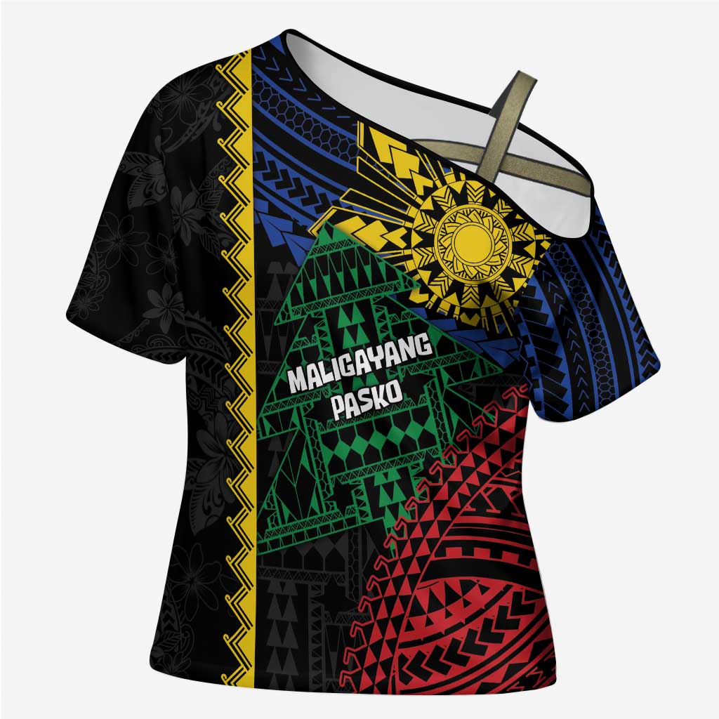 Personalised Philippines Christmas Cross Shoulder Shirt Xmas Tree Filipino Tribal Patterns - Polynesian Pride