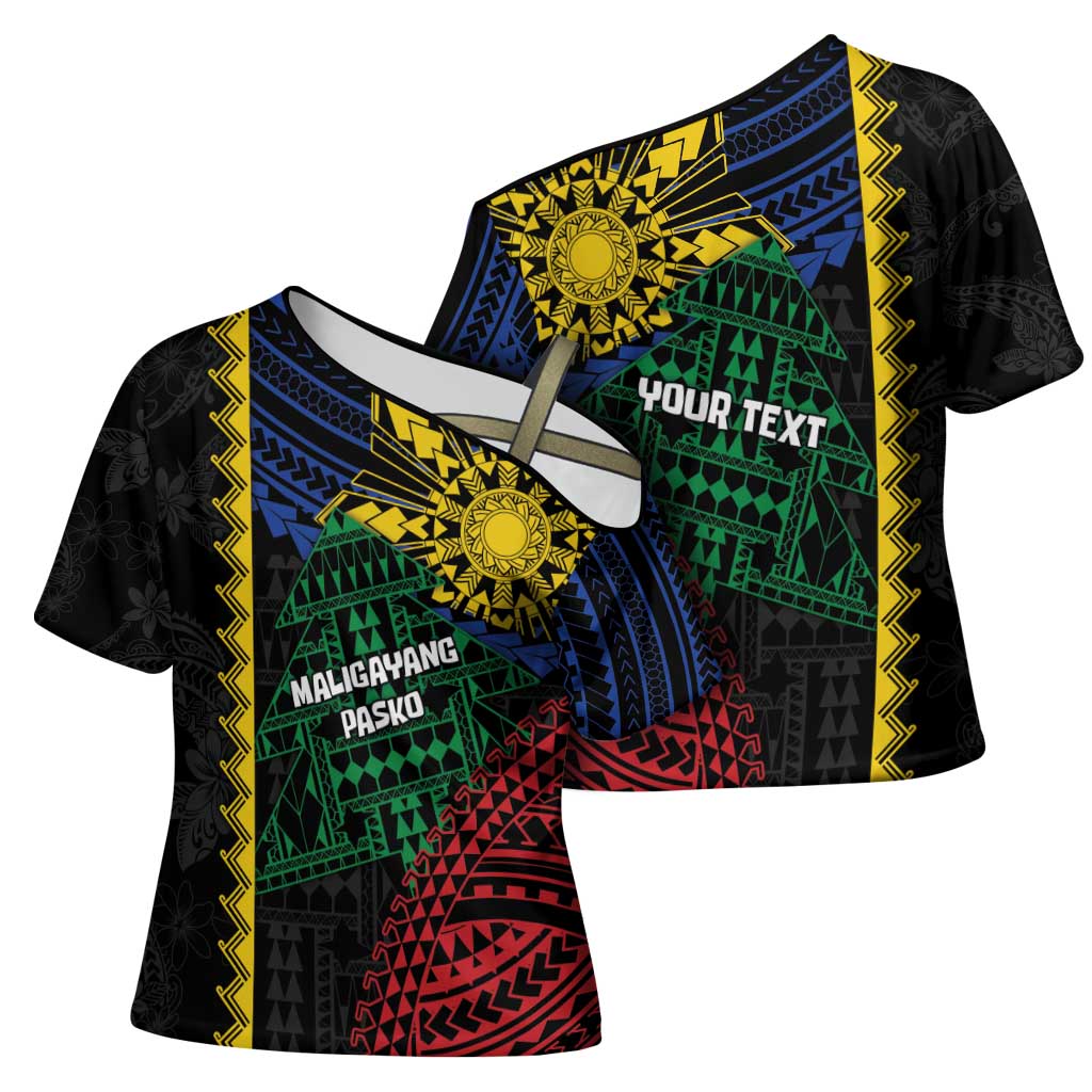 Personalised Philippines Christmas Cross Shoulder Shirt Xmas Tree Filipino Tribal Patterns - Polynesian Pride