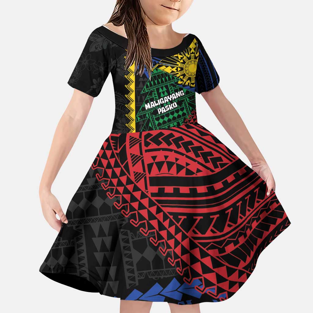 Personalised Philippines Christmas Family Matching Off Shoulder Short Dress and Hawaiian Shirt Xmas Tree Filipino Tribal Patterns DT05 Daughter's Dress Black - Polynesian Pride