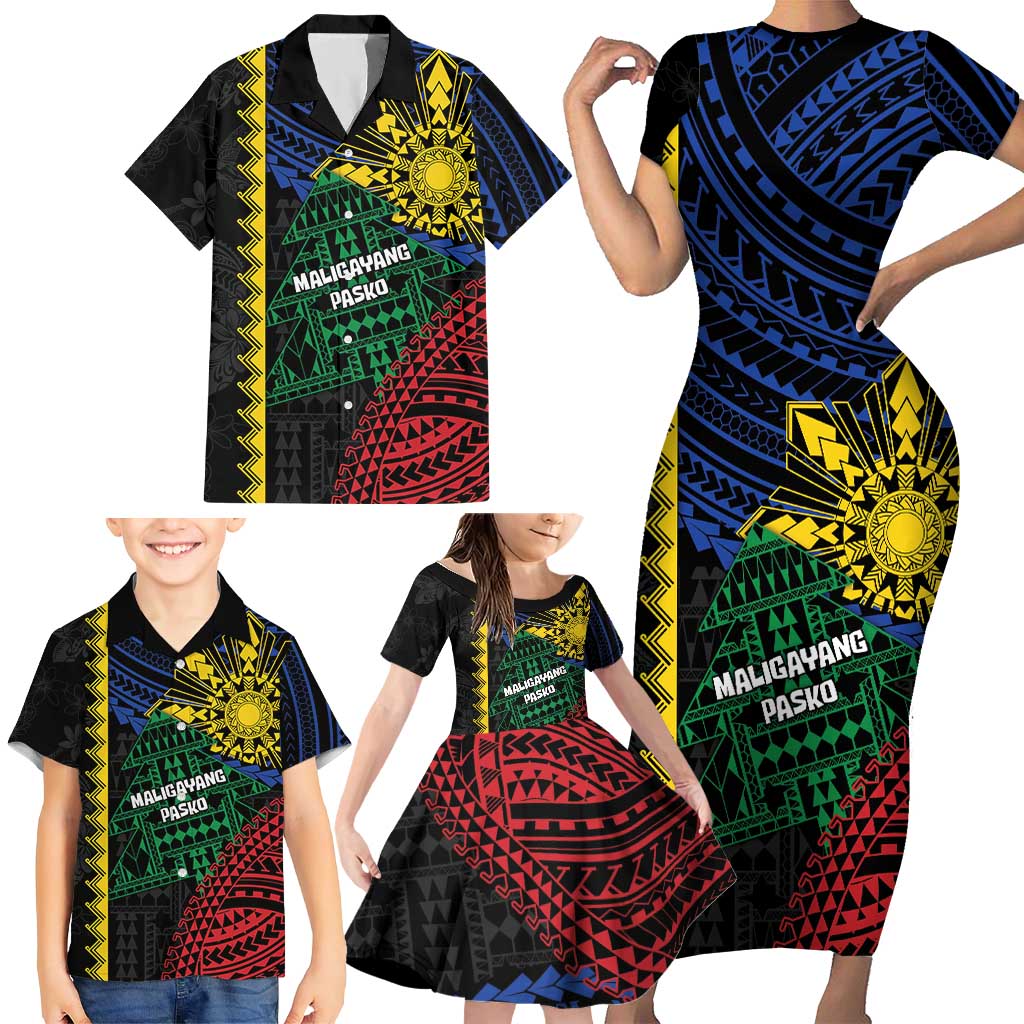 Personalised Philippines Christmas Family Matching Short Sleeve Bodycon Dress and Hawaiian Shirt Xmas Tree Filipino Tribal Patterns - Polynesian Pride