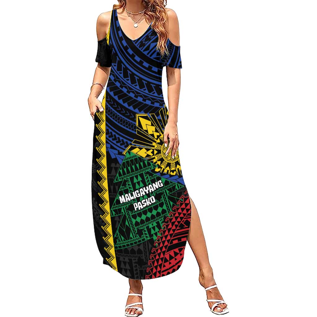 Personalised Philippines Christmas Family Matching Summer Maxi Dress and Hawaiian Shirt Xmas Tree Filipino Tribal Patterns DT05 Mom's Dress Black - Polynesian Pride