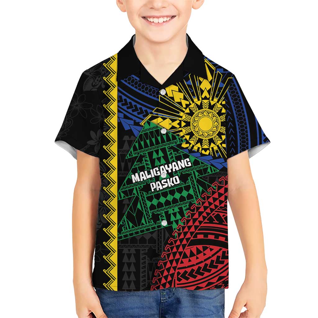 Personalised Philippines Christmas Family Matching Summer Maxi Dress and Hawaiian Shirt Xmas Tree Filipino Tribal Patterns DT05 Son's Shirt Black - Polynesian Pride