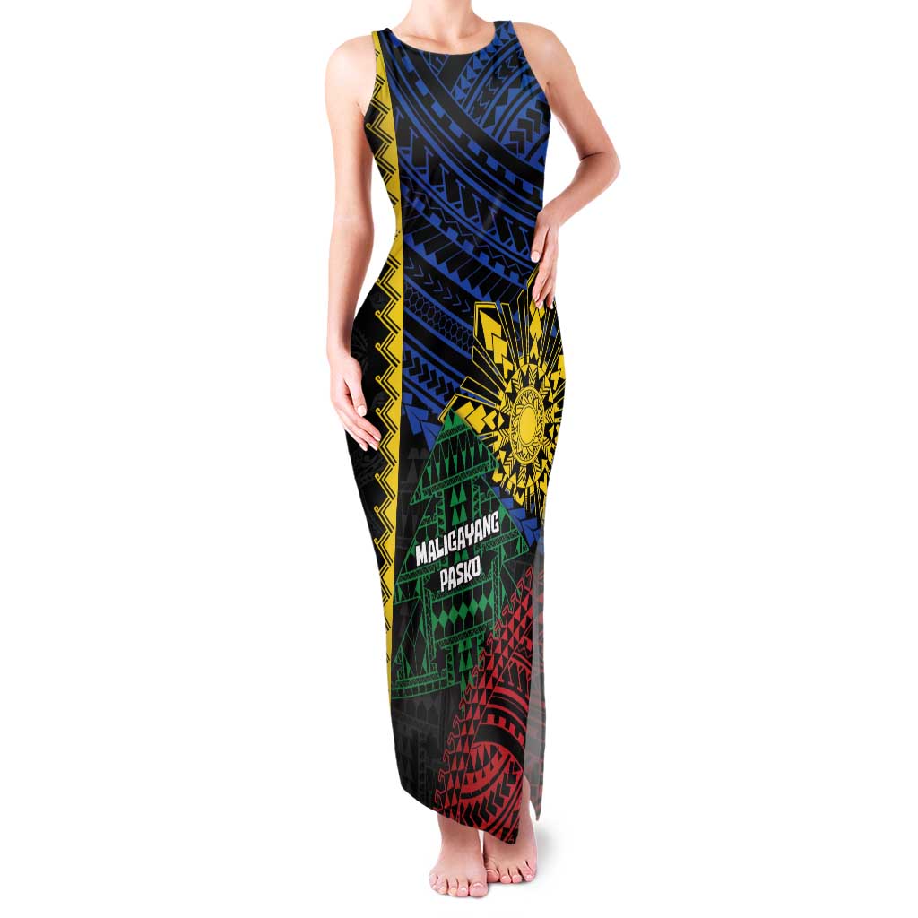 Personalised Philippines Christmas Family Matching Tank Maxi Dress and Hawaiian Shirt Xmas Tree Filipino Tribal Patterns DT05 Mom's Dress Black - Polynesian Pride